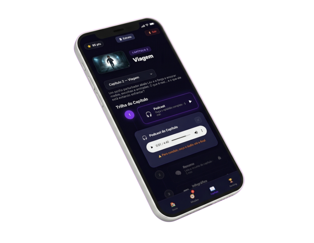 Plataforma Clube do Livro no celular mostrando a trilha do capítulo